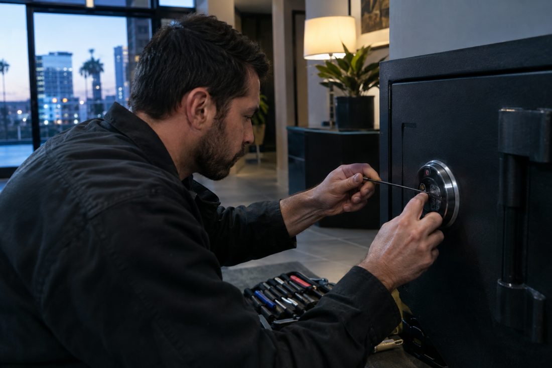 A locksmith opening a home safe with a stethoscope-free professional tool kit at a modern Culver City condo building entry in Culver City, CA