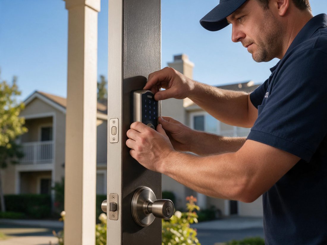 Close view of a locksmith fitting a smart lock to a Fox Hills home door, with the keypad and latch visible in Fox Hills, CA